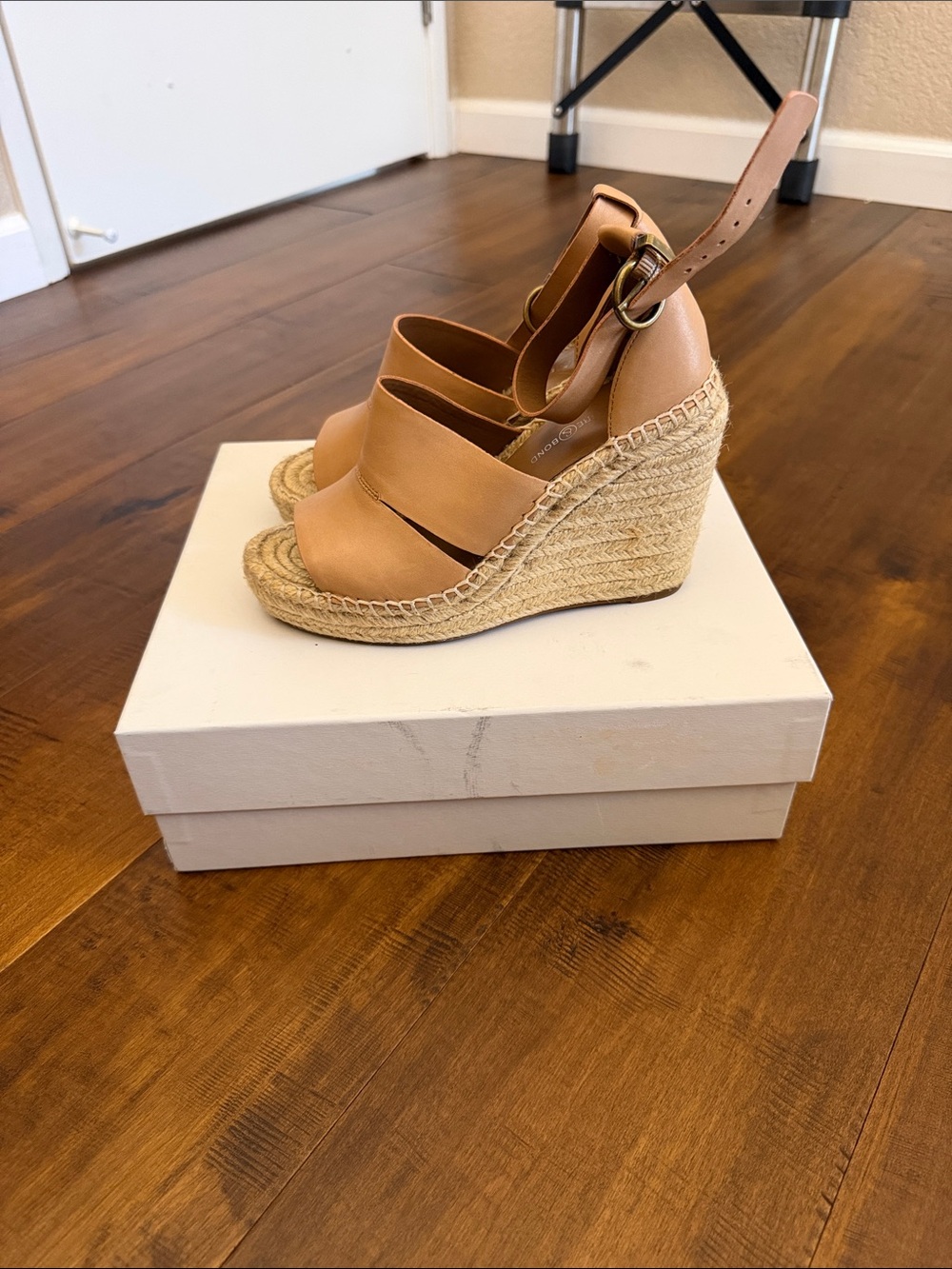 Treasure&Bond Women’s Tan Espadrille Wedge Sandals - Classic Leather Ankle Strap